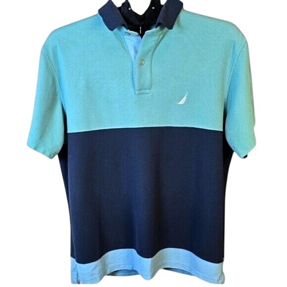 Nautica Polo Shirt Mens Large Green Blue Colorblock Preppy Coastal Logo